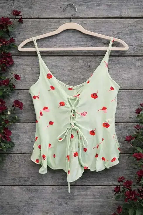 Free People Intimately Radea Floral Lace-Up Cami Top in Mint Combo - Picture 2 of 4